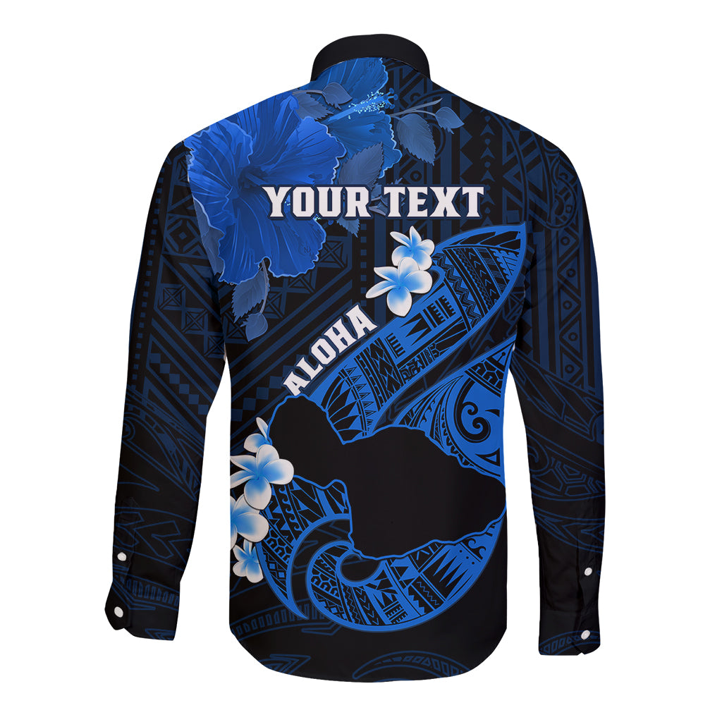 Personalized Hawaii Maui Long Sleeve Button Shirt Polynesian Fish Hook Hibiscus Blue Version LT05 - Polynesian Pride