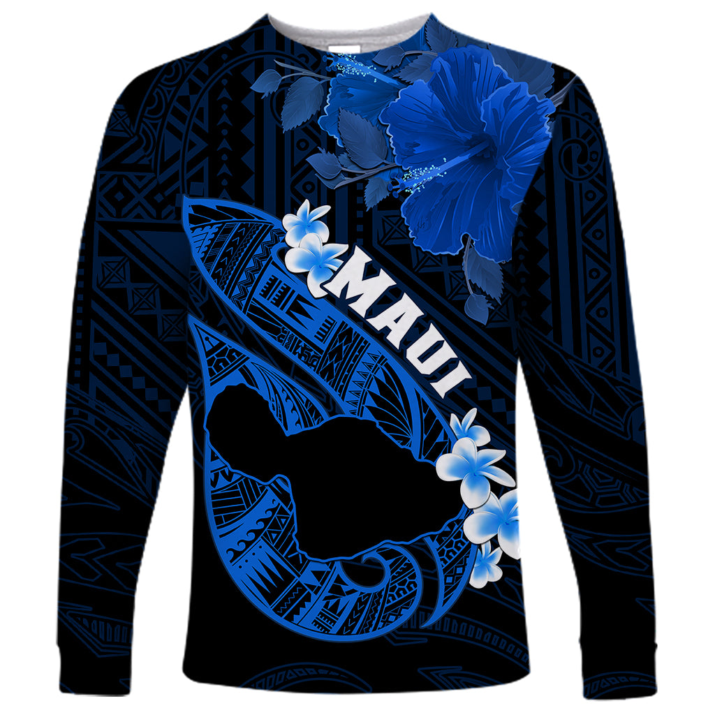 Personalized Hawaii Maui Long Sleeve Shirt Polynesian Fish Hook Hibiscus Blue Version LT05 Unisex Blue - Polynesian Pride