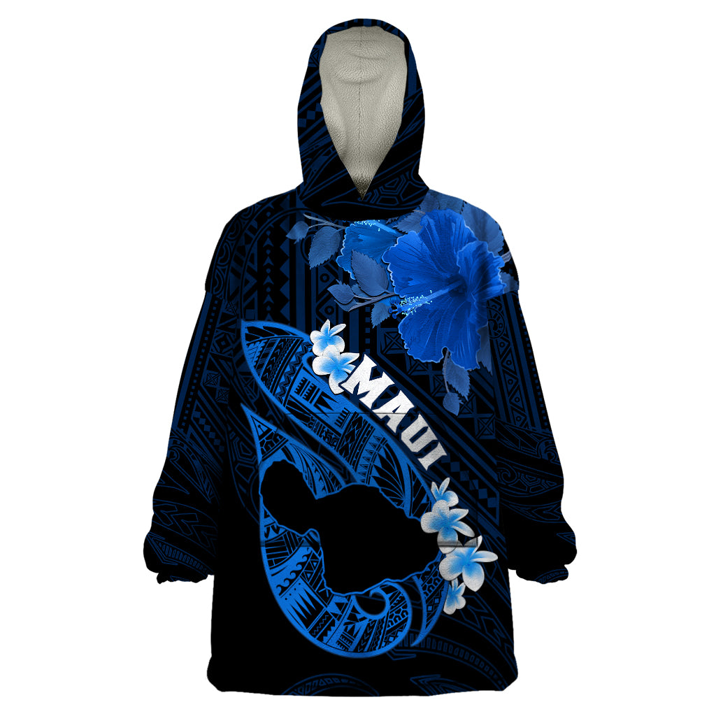 Personalized Hawaii Maui Wearable Blanket Hoodie Polynesian Fish Hook Hibiscus Blue Version LT05 One Size Blue - Polynesian Pride