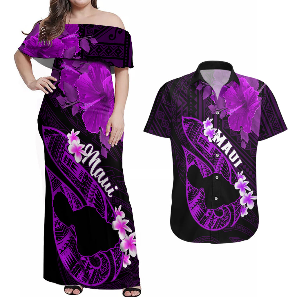 Hawaii Maui Couples Matching Off Shoulder Maxi Dress and Hawaiian Shirt Polynesian Fish Hook Hibiscus Purple Version LT05 Purple - Polynesian Pride