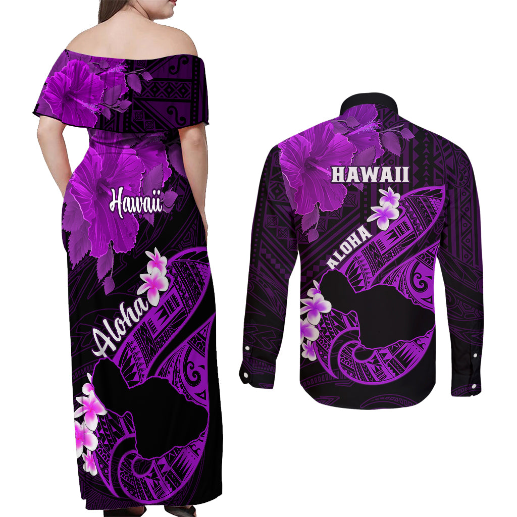Hawaii Maui Couples Matching Off Shoulder Maxi Dress and Long Sleeve Button Shirts Polynesian Fish Hook Hibiscus Purple Version LT05 - Polynesian Pride
