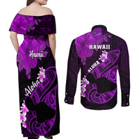 Hawaii Maui Couples Matching Off Shoulder Maxi Dress and Long Sleeve Button Shirts Polynesian Fish Hook Hibiscus Purple Version LT05 - Polynesian Pride