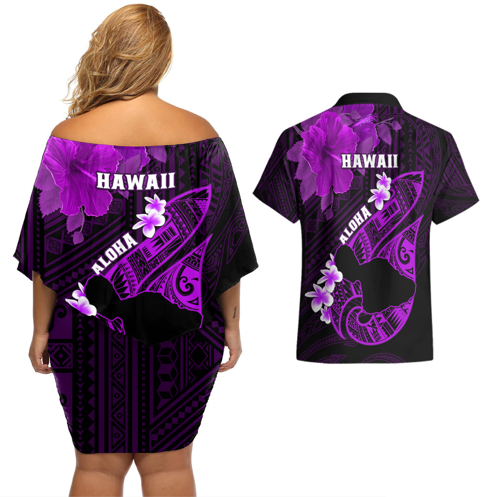 Hawaii Maui Couples Matching Off Shoulder Short Dress and Hawaiian Shirt Polynesian Fish Hook Hibiscus Purple Version LT05 - Polynesian Pride