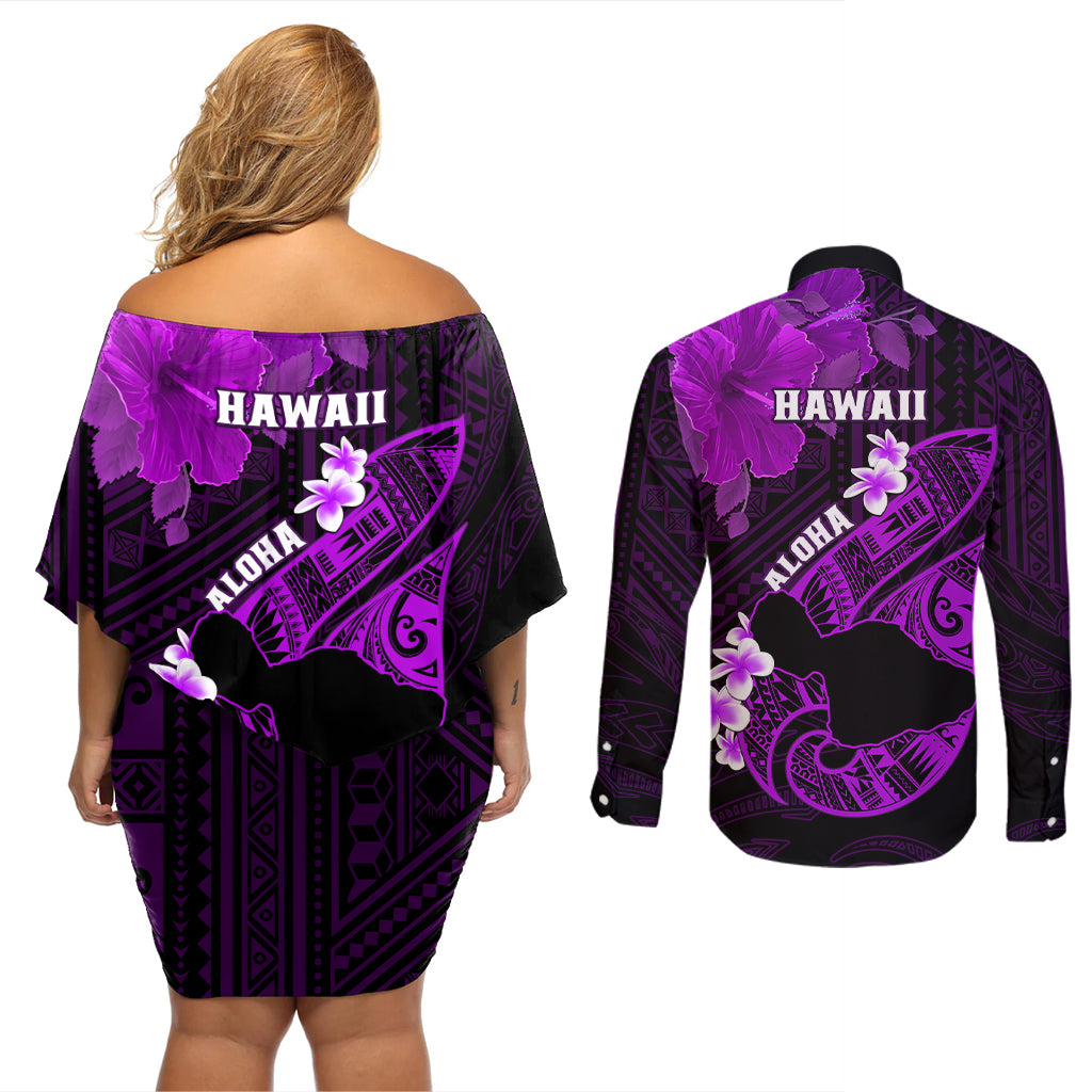 Hawaii Maui Couples Matching Off Shoulder Short Dress and Long Sleeve Button Shirts Polynesian Fish Hook Hibiscus Purple Version LT05 - Polynesian Pride