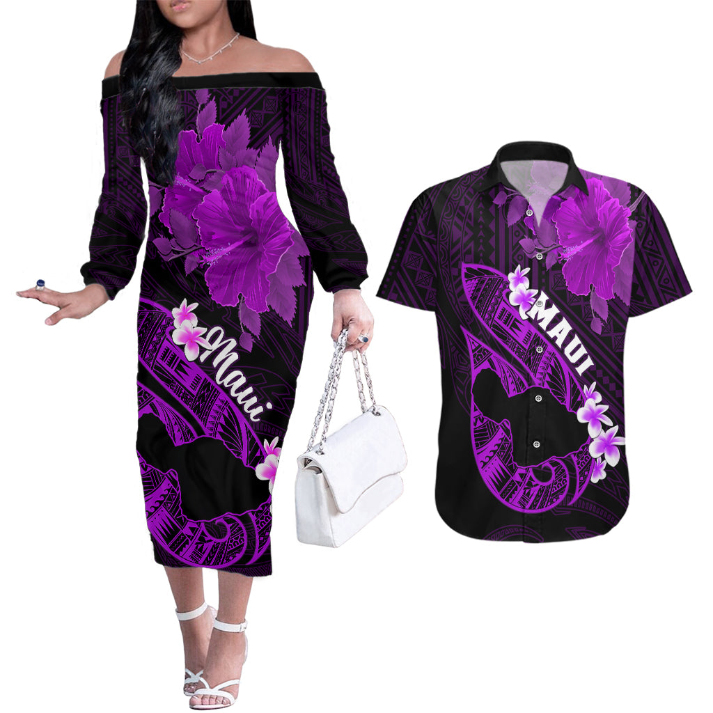 Hawaii Maui Couples Matching Off The Shoulder Long Sleeve Dress and Hawaiian Shirt Polynesian Fish Hook Hibiscus Purple Version LT05 Purple - Polynesian Pride