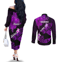 Hawaii Maui Couples Matching Off The Shoulder Long Sleeve Dress and Long Sleeve Button Shirts Polynesian Fish Hook Hibiscus Purple Version LT05 - Polynesian Pride