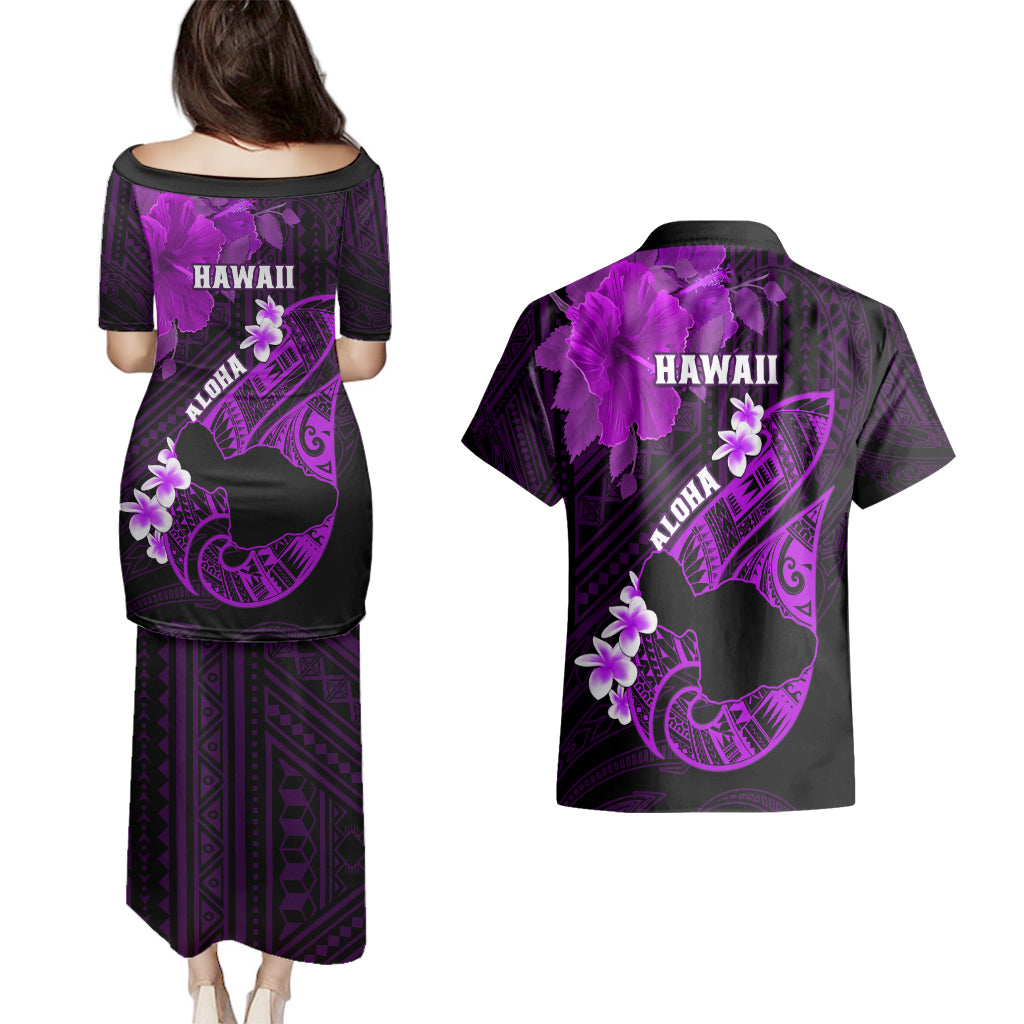 Hawaii Maui Couples Matching Puletasi Dress and Hawaiian Shirt Polynesian Fish Hook Hibiscus Purple Version LT05 - Polynesian Pride