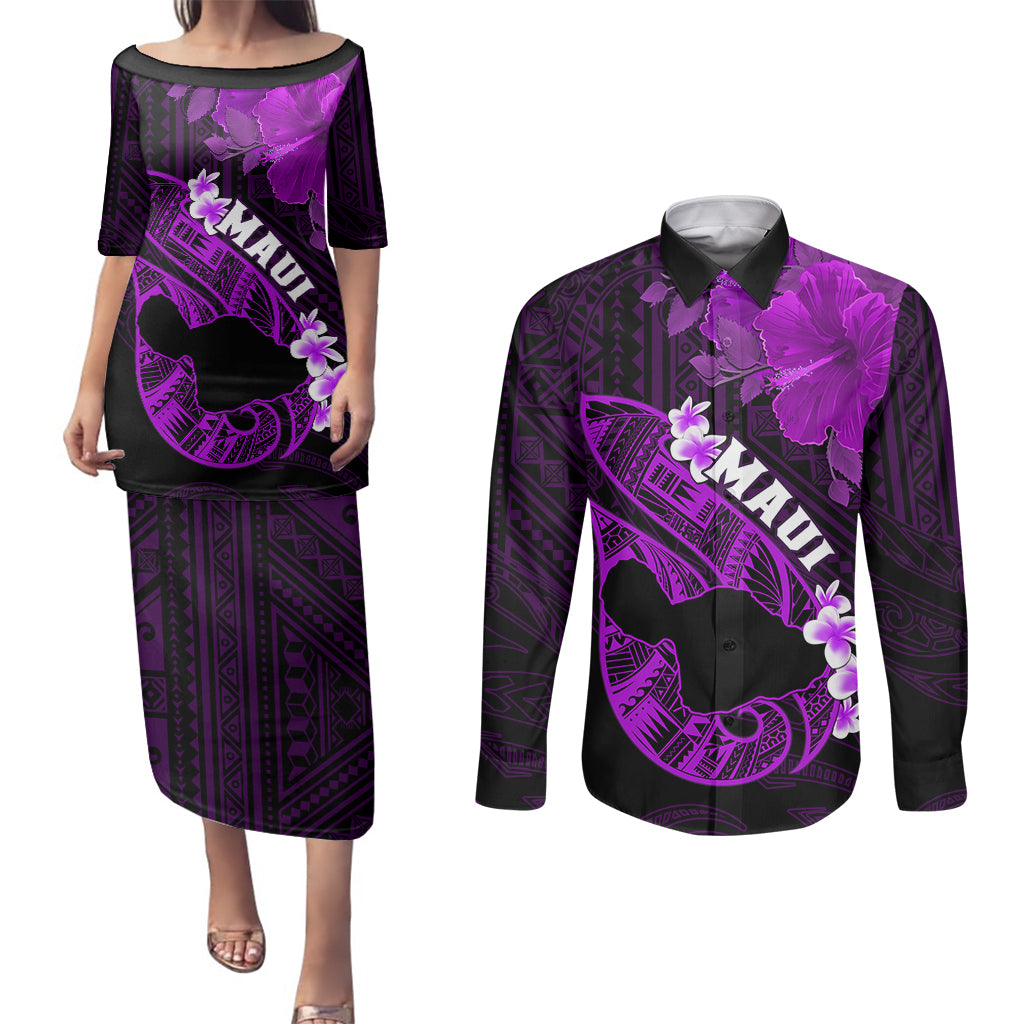 Hawaii Maui Couples Matching Puletasi Dress and Long Sleeve Button Shirts Polynesian Fish Hook Hibiscus Purple Version LT05 Purple - Polynesian Pride