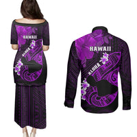Hawaii Maui Couples Matching Puletasi Dress and Long Sleeve Button Shirts Polynesian Fish Hook Hibiscus Purple Version LT05 - Polynesian Pride