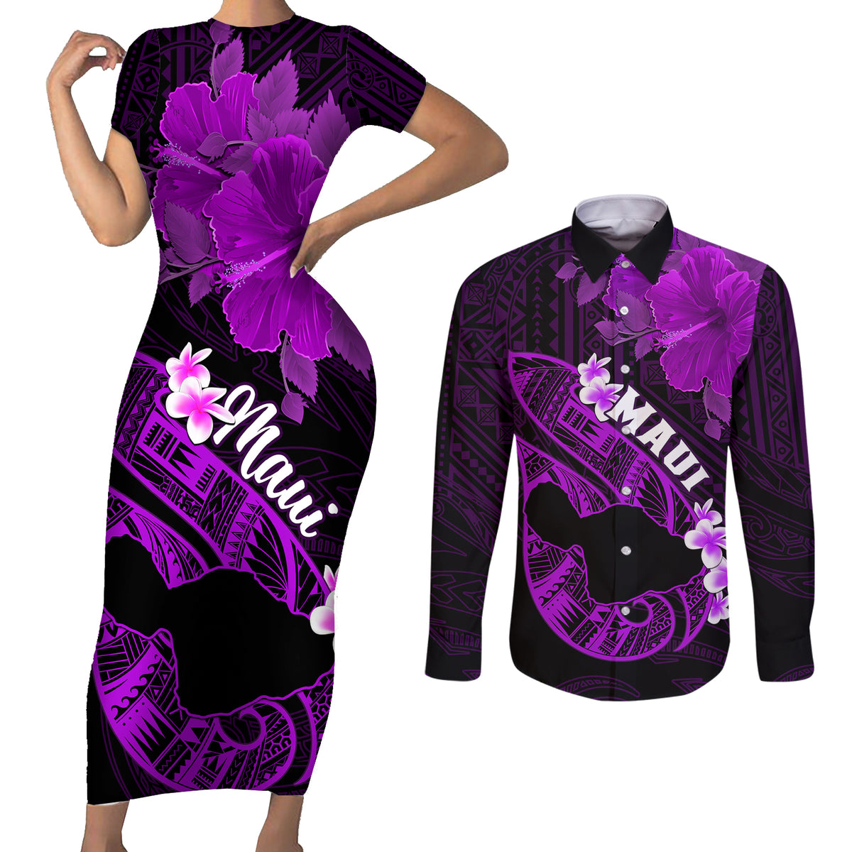 Hawaii Maui Couples Matching Short Sleeve Bodycon Dress and Long Sleeve Button Shirts Polynesian Fish Hook Hibiscus Purple Version LT05 Purple - Polynesian Pride