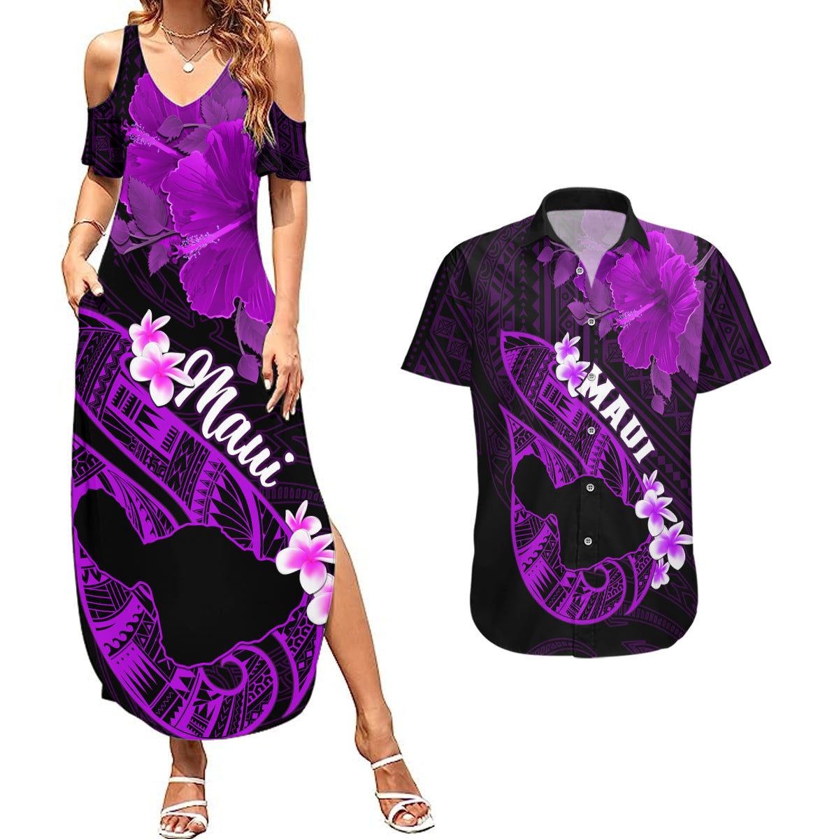 Hawaii Maui Couples Matching Summer Maxi Dress and Hawaiian Shirt Polynesian Fish Hook Hibiscus Purple Version LT05 Purple - Polynesian Pride