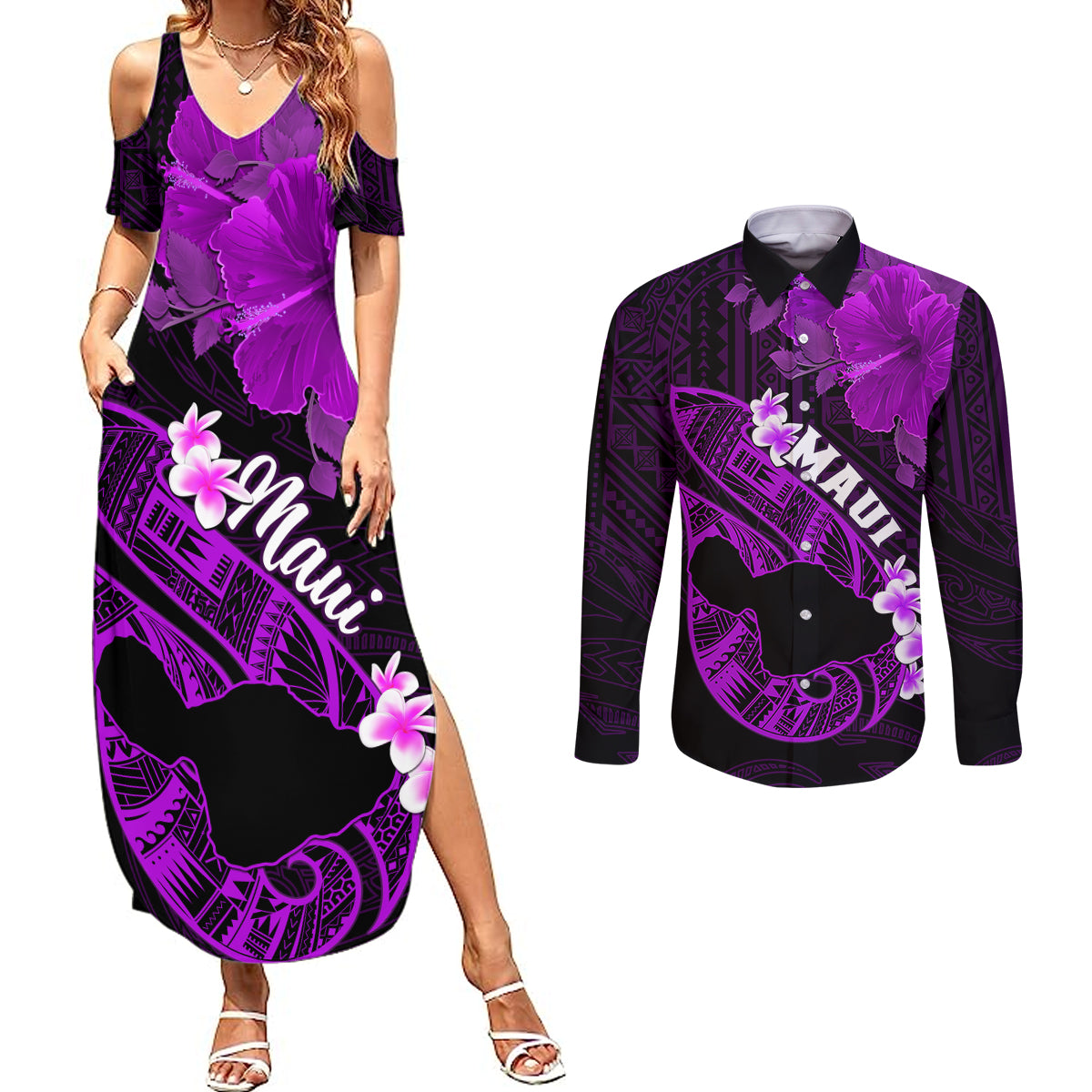 Hawaii Maui Couples Matching Summer Maxi Dress and Long Sleeve Button Shirts Polynesian Fish Hook Hibiscus Purple Version LT05 Purple - Polynesian Pride