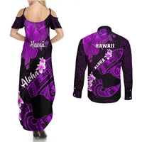 Hawaii Maui Couples Matching Summer Maxi Dress and Long Sleeve Button Shirts Polynesian Fish Hook Hibiscus Purple Version LT05 - Polynesian Pride