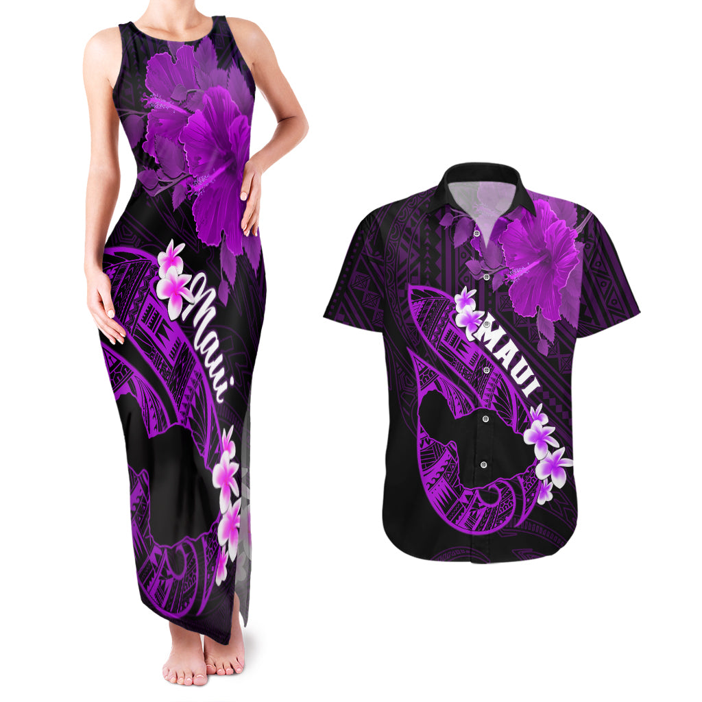 Hawaii Maui Couples Matching Tank Maxi Dress and Hawaiian Shirt Polynesian Fish Hook Hibiscus Purple Version LT05 Purple - Polynesian Pride