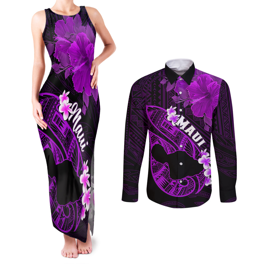 Hawaii Maui Couples Matching Tank Maxi Dress and Long Sleeve Button Shirts Polynesian Fish Hook Hibiscus Purple Version LT05 Purple - Polynesian Pride