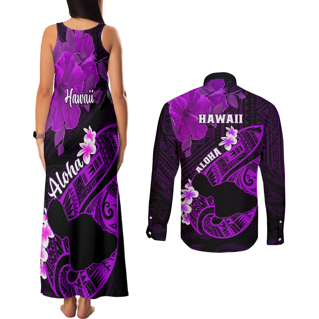 Hawaii Maui Couples Matching Tank Maxi Dress and Long Sleeve Button Shirts Polynesian Fish Hook Hibiscus Purple Version LT05 - Polynesian Pride