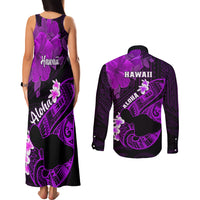 Hawaii Maui Couples Matching Tank Maxi Dress and Long Sleeve Button Shirts Polynesian Fish Hook Hibiscus Purple Version LT05 - Polynesian Pride