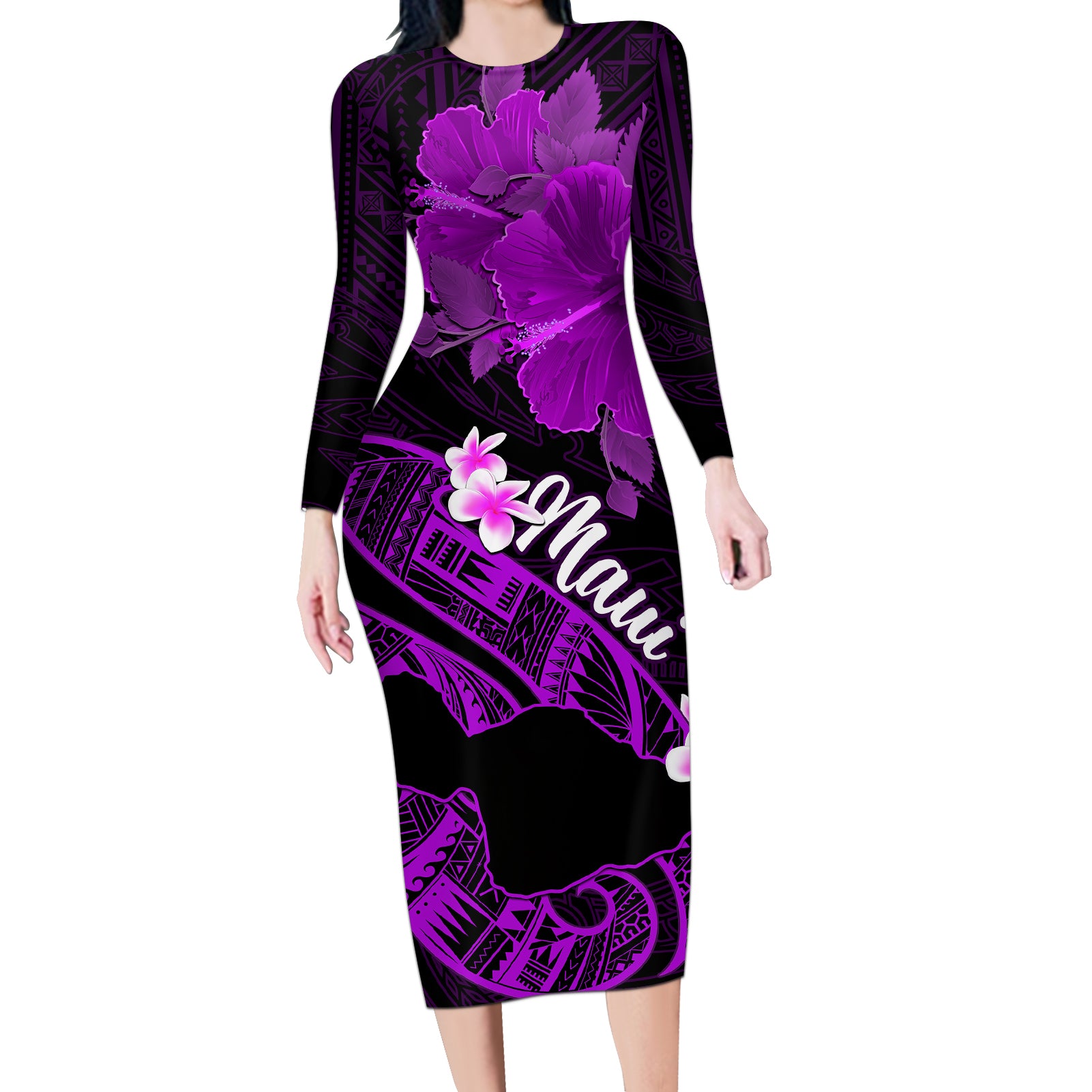 Hawaii Maui Long Sleeve Bodycon Dress Polynesian Fish Hook Hibiscus Purple Version LT05 Long Dress Purple - Polynesian Pride