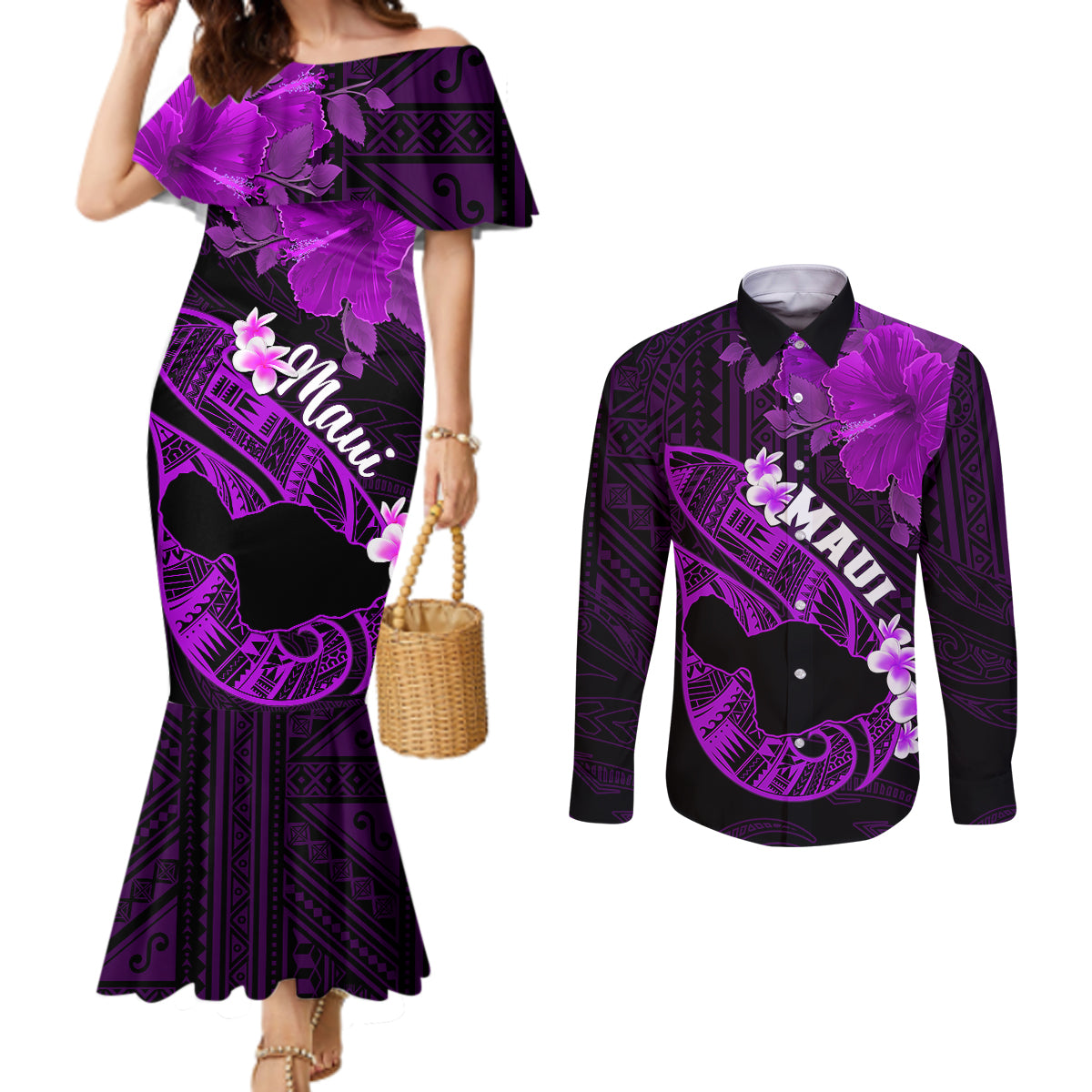 Personalized Hawaii Maui Couples Matching Mermaid Dress and Long Sleeve Button Shirts Polynesian Fish Hook Hibiscus Purple Version LT05 Purple - Polynesian Pride