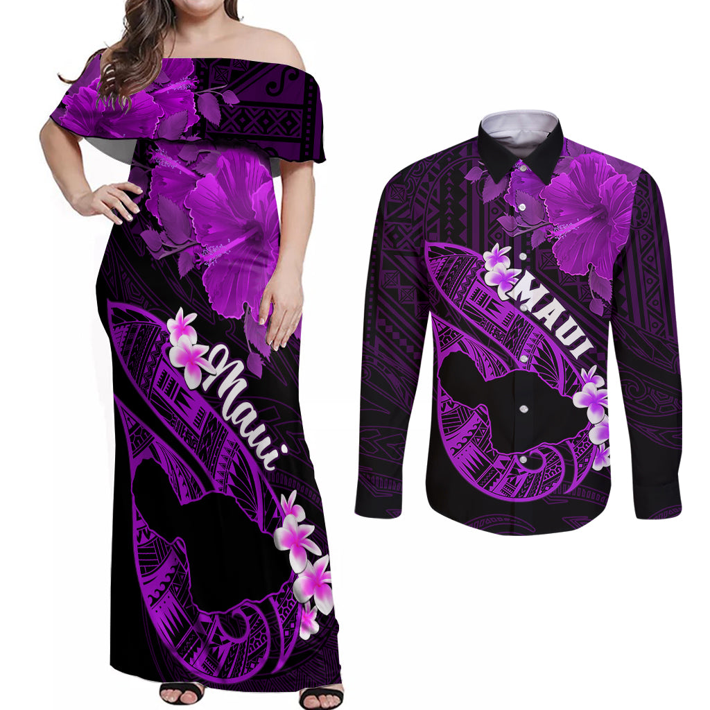Personalized Hawaii Maui Couples Matching Off Shoulder Maxi Dress and Long Sleeve Button Shirts Polynesian Fish Hook Hibiscus Purple Version LT05 Purple - Polynesian Pride