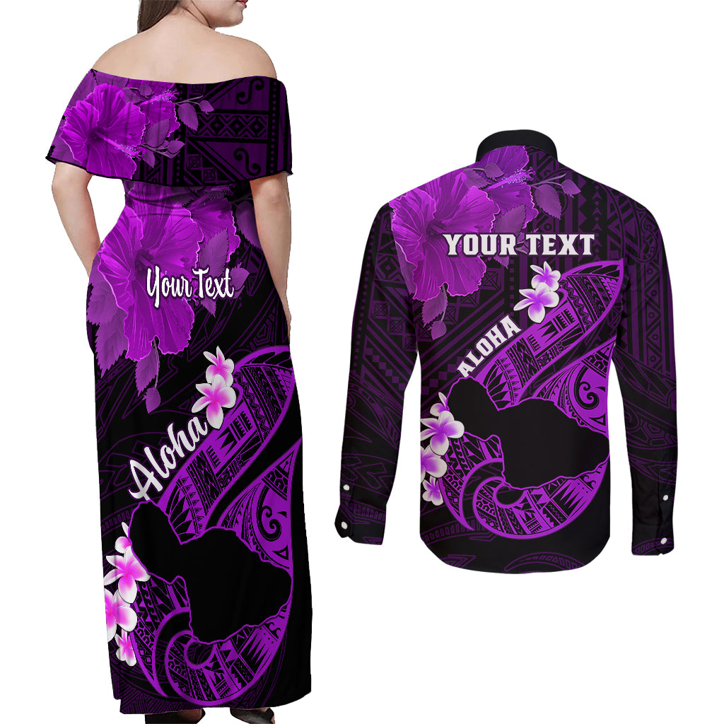 Personalized Hawaii Maui Couples Matching Off Shoulder Maxi Dress and Long Sleeve Button Shirts Polynesian Fish Hook Hibiscus Purple Version LT05 - Polynesian Pride