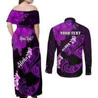 Personalized Hawaii Maui Couples Matching Off Shoulder Maxi Dress and Long Sleeve Button Shirts Polynesian Fish Hook Hibiscus Purple Version LT05 - Polynesian Pride