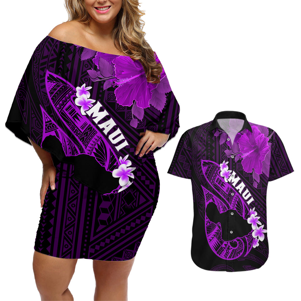 Personalized Hawaii Maui Couples Matching Off Shoulder Short Dress and Hawaiian Shirt Polynesian Fish Hook Hibiscus Purple Version LT05 Purple - Polynesian Pride