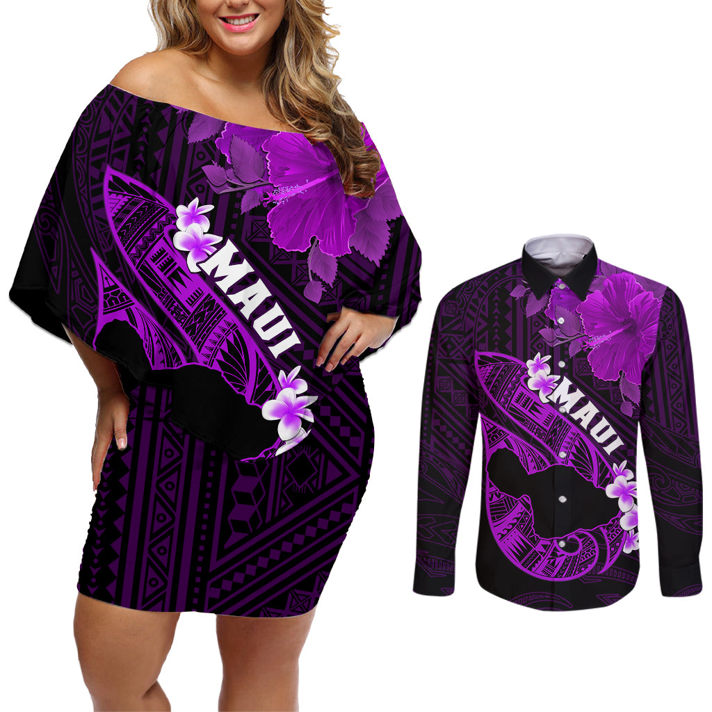Personalized Hawaii Maui Couples Matching Off Shoulder Short Dress and Long Sleeve Button Shirts Polynesian Fish Hook Hibiscus Purple Version LT05 Purple - Polynesian Pride