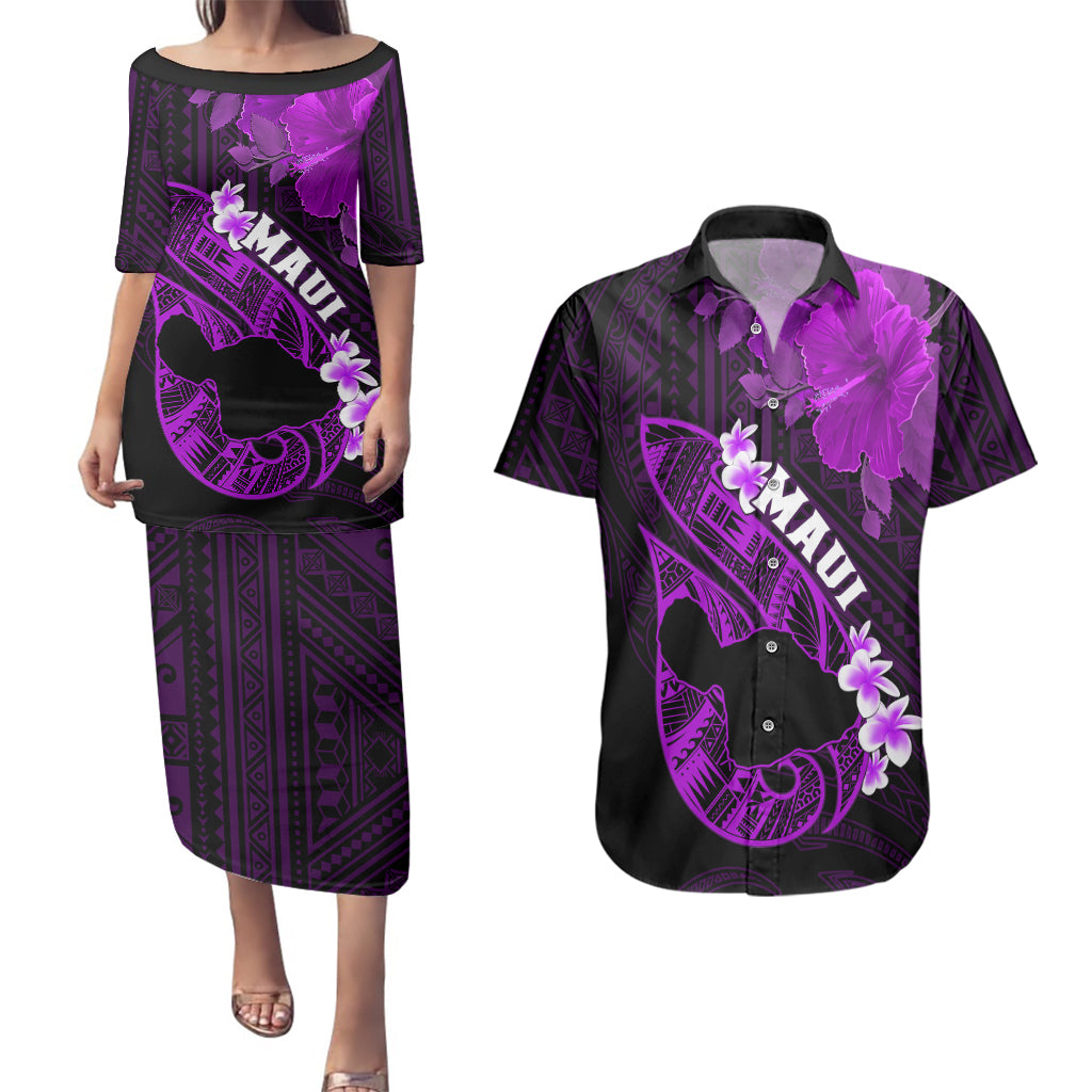 Personalized Hawaii Maui Couples Matching Puletasi Dress and Hawaiian Shirt Polynesian Fish Hook Hibiscus Purple Version LT05 Purple - Polynesian Pride