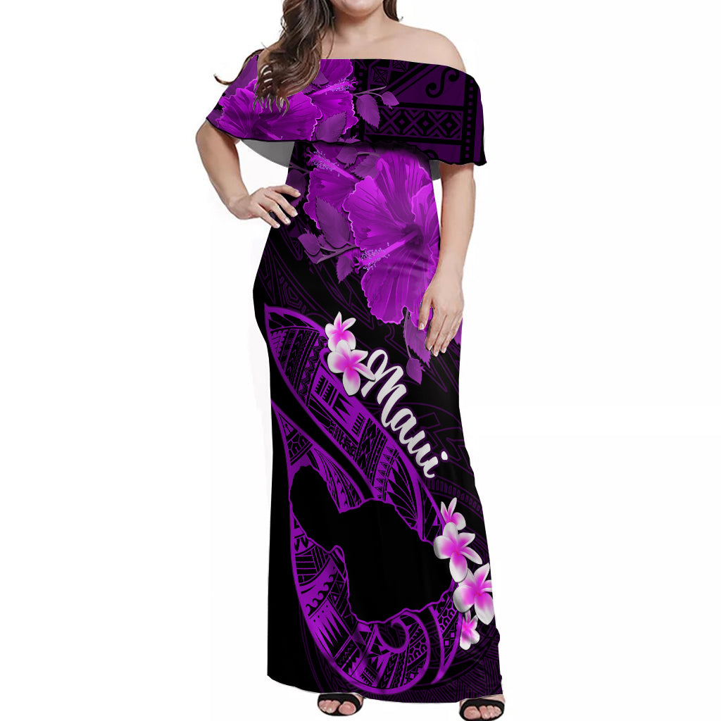 Personalized Hawaii Maui Off Shoulder Maxi Dress Polynesian Fish Hook Hibiscus Purple Version LT05 Women Purple - Polynesian Pride