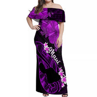 Personalized Hawaii Maui Off Shoulder Maxi Dress Polynesian Fish Hook Hibiscus Purple Version LT05 Women Purple - Polynesian Pride