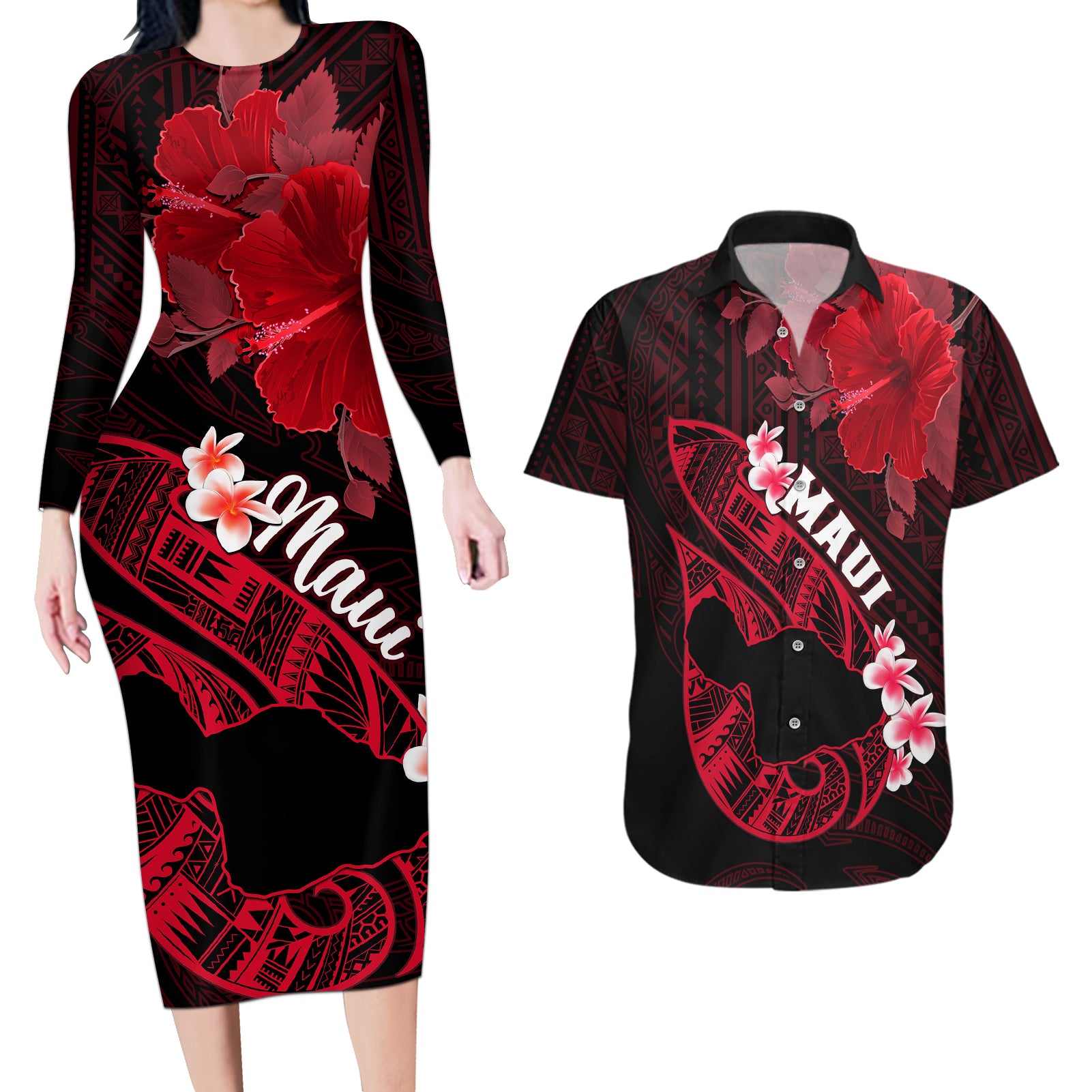 Hawaii Maui Couples Matching Long Sleeve Bodycon Dress and Hawaiian Shirt Polynesian Fish Hook Hibiscus Red Version LT05 Red - Polynesian Pride