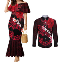 Hawaii Maui Couples Matching Mermaid Dress and Long Sleeve Button Shirts Polynesian Fish Hook Hibiscus Red Version LT05 Red - Polynesian Pride