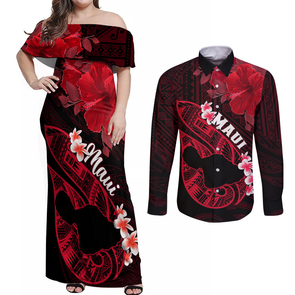 Hawaii Maui Couples Matching Off Shoulder Maxi Dress and Long Sleeve Button Shirts Polynesian Fish Hook Hibiscus Red Version LT05 Red - Polynesian Pride