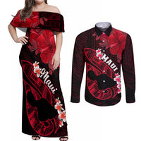 Hawaii Maui Couples Matching Off Shoulder Maxi Dress and Long Sleeve Button Shirts Polynesian Fish Hook Hibiscus Red Version LT05 Red - Polynesian Pride