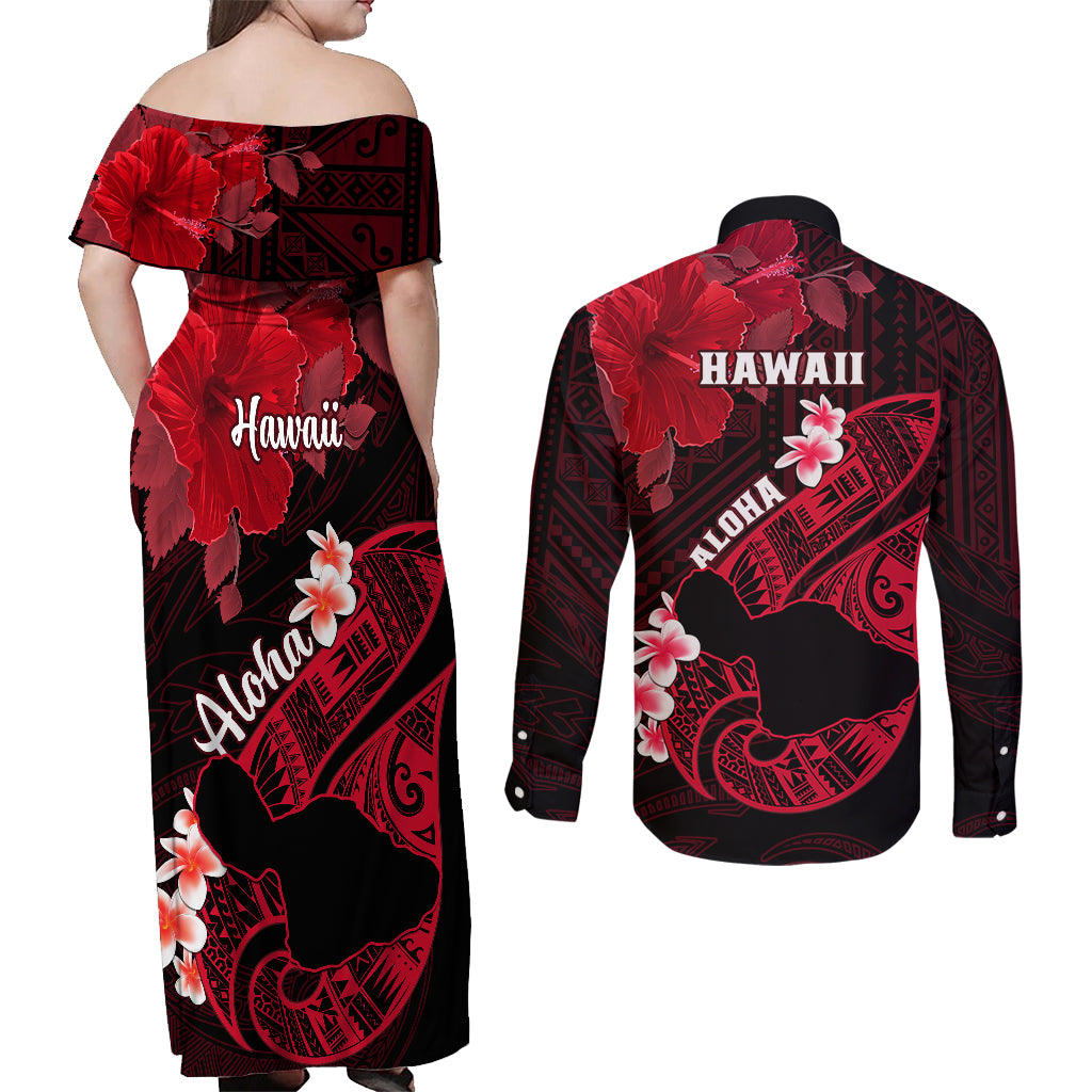 Hawaii Maui Couples Matching Off Shoulder Maxi Dress and Long Sleeve Button Shirts Polynesian Fish Hook Hibiscus Red Version LT05 - Polynesian Pride
