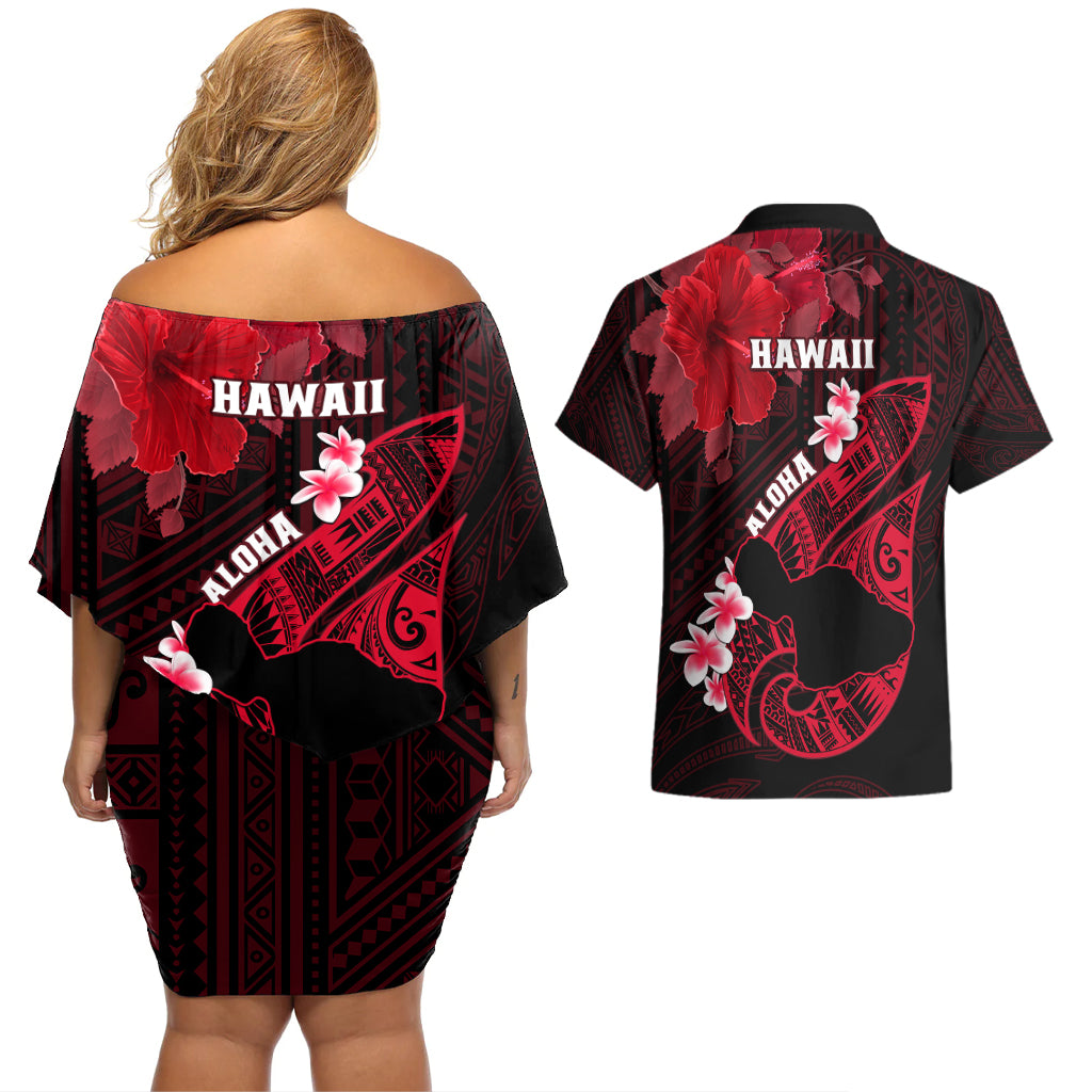 Hawaii Maui Couples Matching Off Shoulder Short Dress and Hawaiian Shirt Polynesian Fish Hook Hibiscus Red Version LT05 - Polynesian Pride