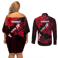 Hawaii Maui Couples Matching Off Shoulder Short Dress and Long Sleeve Button Shirts Polynesian Fish Hook Hibiscus Red Version LT05 - Polynesian Pride