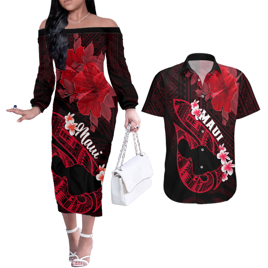 Hawaii Maui Couples Matching Off The Shoulder Long Sleeve Dress and Hawaiian Shirt Polynesian Fish Hook Hibiscus Red Version LT05 Red - Polynesian Pride