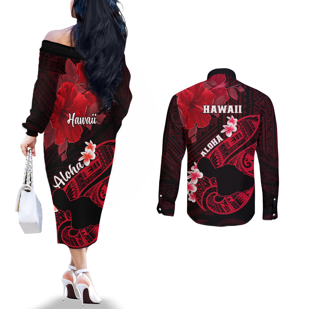Hawaii Maui Couples Matching Off The Shoulder Long Sleeve Dress and Long Sleeve Button Shirts Polynesian Fish Hook Hibiscus Red Version LT05 - Polynesian Pride