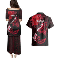Hawaii Maui Couples Matching Puletasi Dress and Hawaiian Shirt Polynesian Fish Hook Hibiscus Red Version LT05 - Polynesian Pride