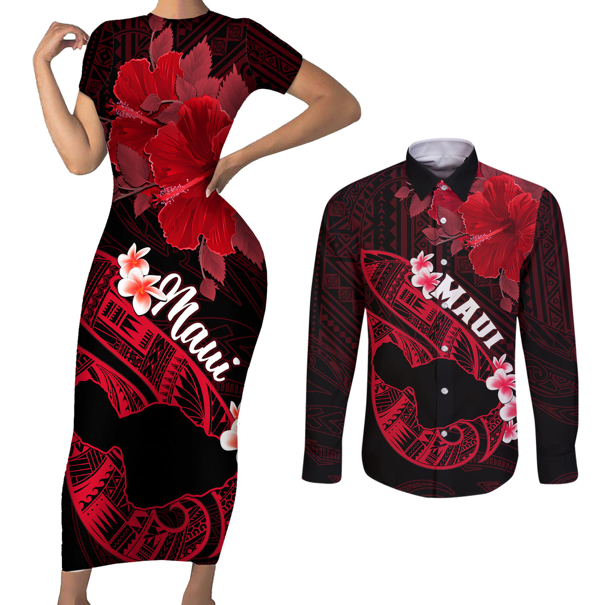 Hawaii Maui Couples Matching Short Sleeve Bodycon Dress and Long Sleeve Button Shirts Polynesian Fish Hook Hibiscus Red Version LT05 Red - Polynesian Pride