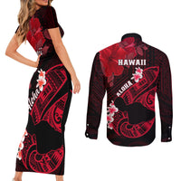 Hawaii Maui Couples Matching Short Sleeve Bodycon Dress and Long Sleeve Button Shirts Polynesian Fish Hook Hibiscus Red Version LT05 - Polynesian Pride