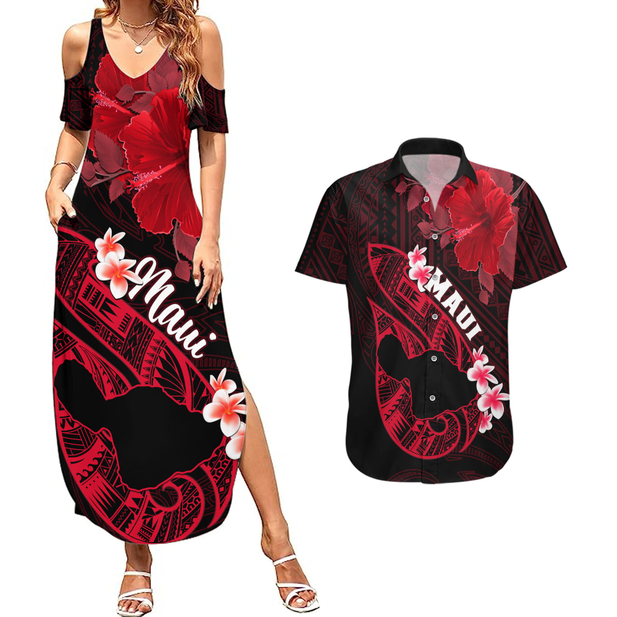 Hawaii Maui Couples Matching Summer Maxi Dress and Hawaiian Shirt Polynesian Fish Hook Hibiscus Red Version LT05 Red - Polynesian Pride