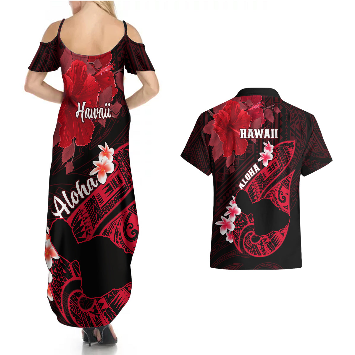 Hawaii Maui Couples Matching Summer Maxi Dress and Hawaiian Shirt Polynesian Fish Hook Hibiscus Red Version LT05 - Polynesian Pride