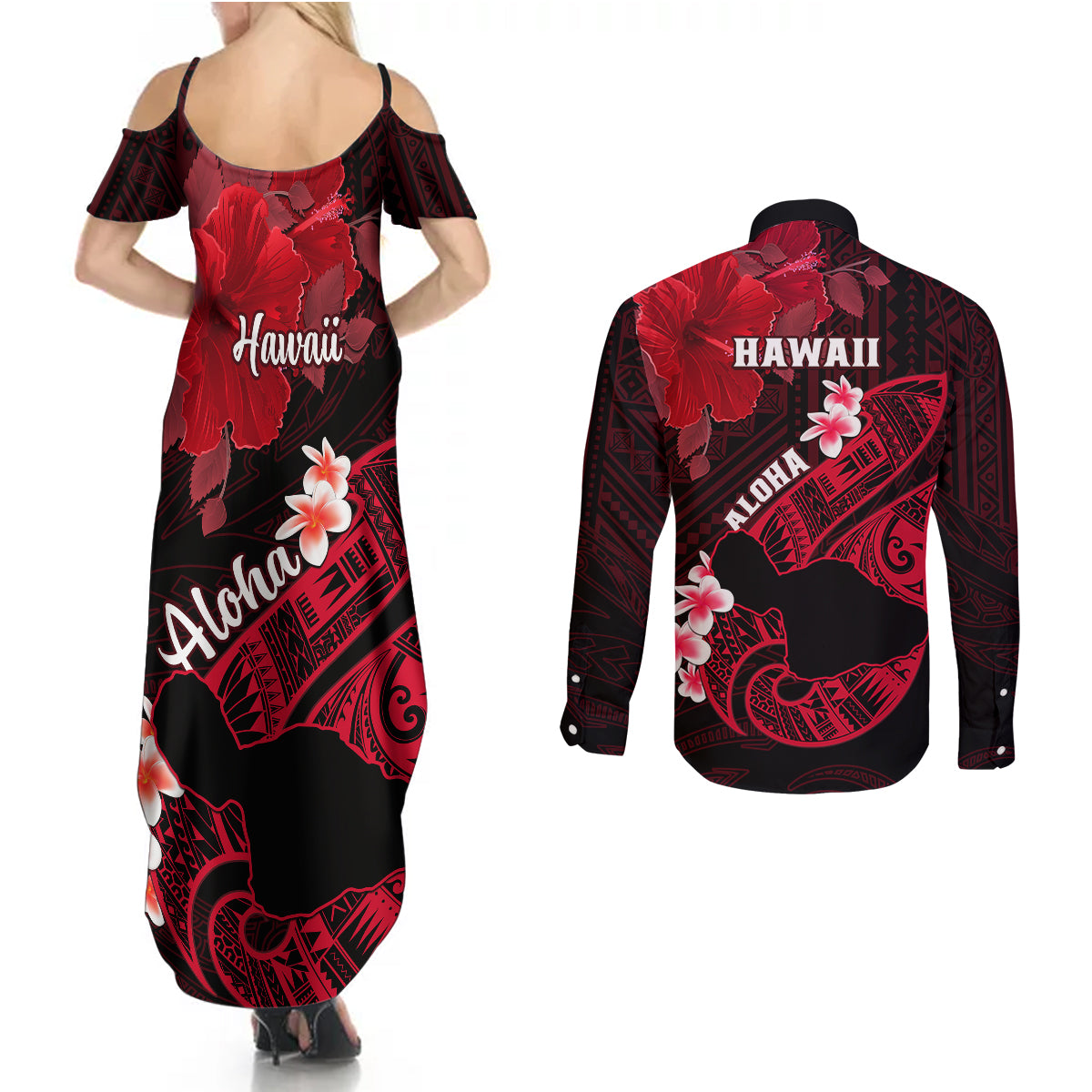 Hawaii Maui Couples Matching Summer Maxi Dress and Long Sleeve Button Shirts Polynesian Fish Hook Hibiscus Red Version LT05 - Polynesian Pride