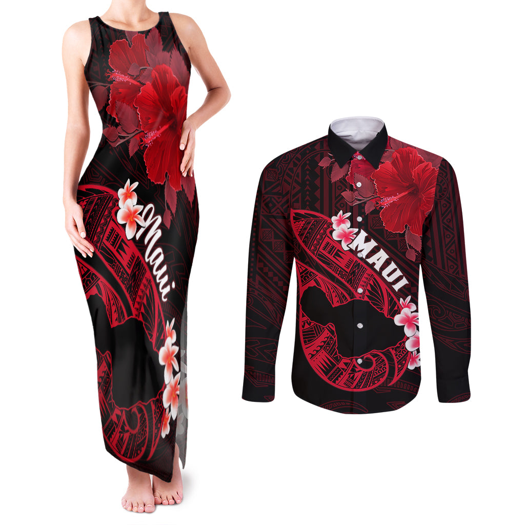Hawaii Maui Couples Matching Tank Maxi Dress and Long Sleeve Button Shirts Polynesian Fish Hook Hibiscus Red Version LT05 Red - Polynesian Pride
