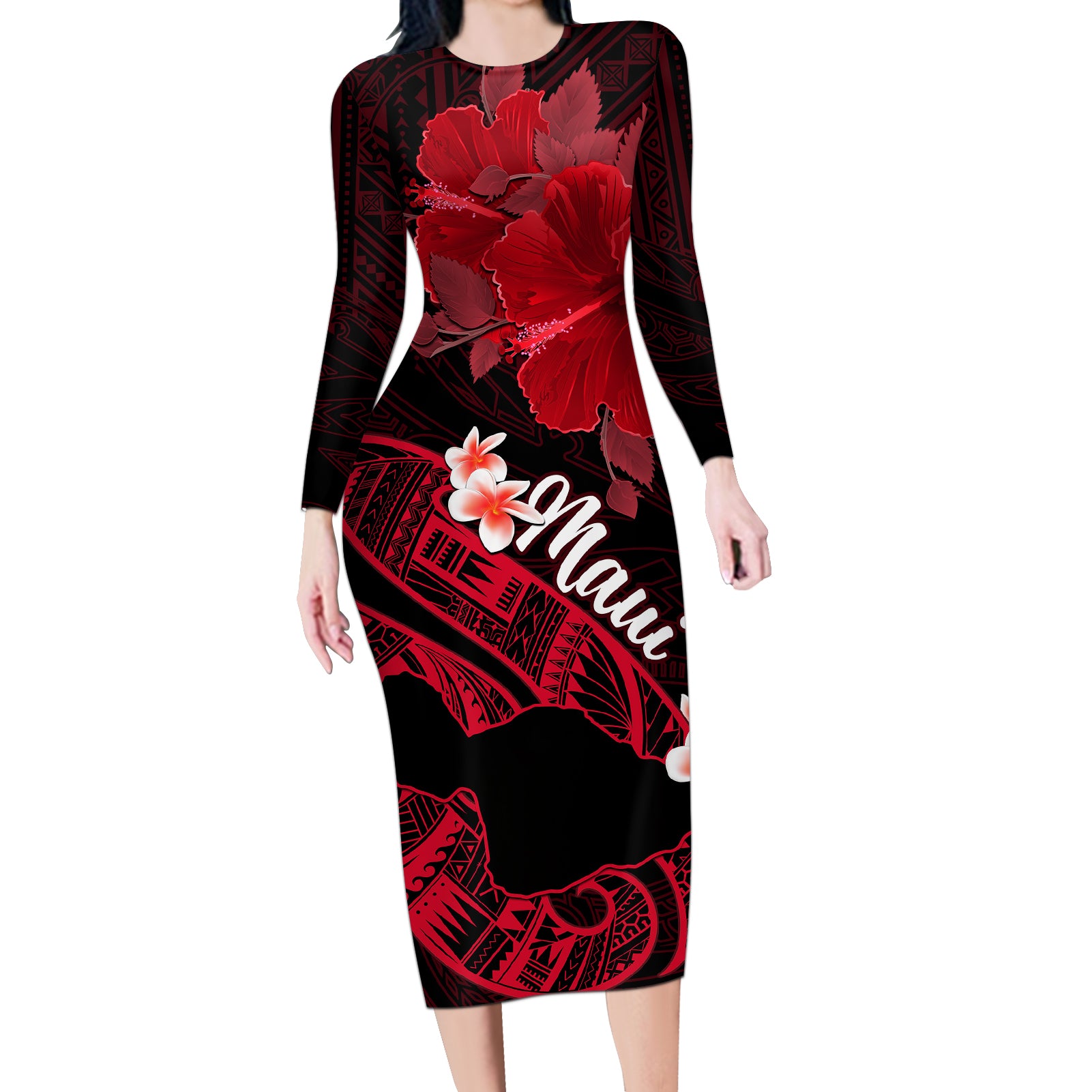 Hawaii Maui Long Sleeve Bodycon Dress Polynesian Fish Hook Hibiscus Red Version LT05 Long Dress Red - Polynesian Pride