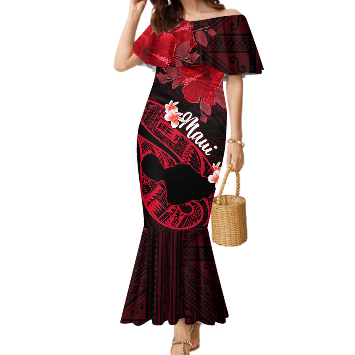 Hawaii Maui Mermaid Dress Polynesian Fish Hook Hibiscus Red Version LT05 Women Red - Polynesian Pride