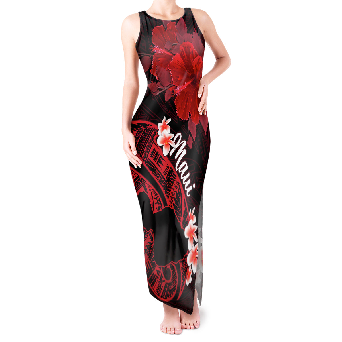 Hawaii Maui Tank Maxi Dress Polynesian Fish Hook Hibiscus Red Version LT05 Women Red - Polynesian Pride